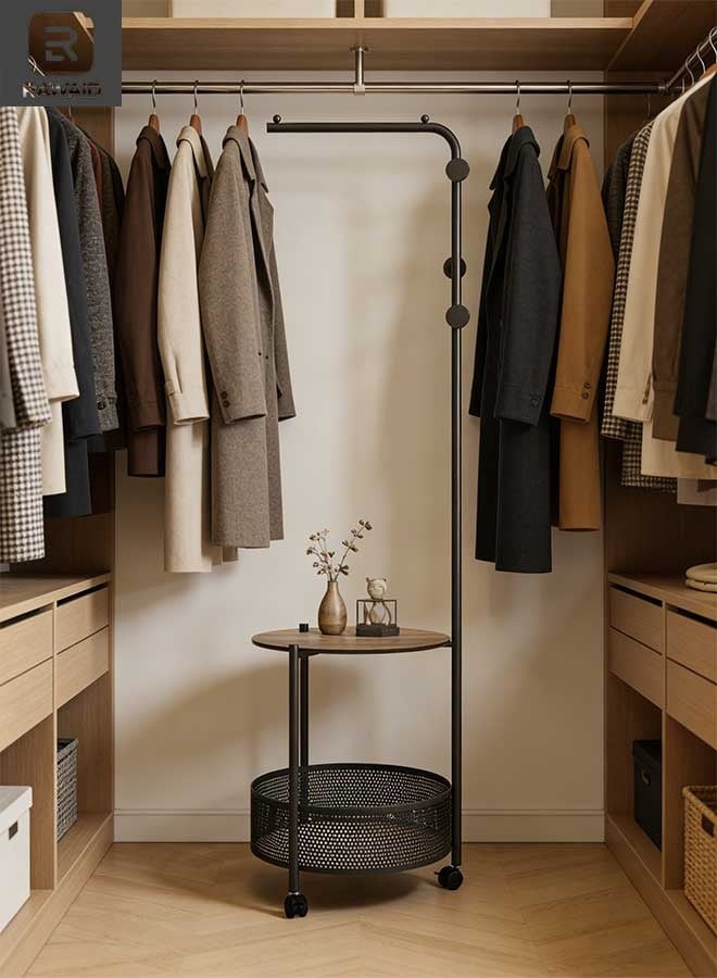 RAWAID Metal Clothes Rack Tree, Coat Rack with Side Table Basket and Wheels,Coat Rack with Stands, Industrial Style,Floor Hallway Cabinet with 3 Hooks for Clothes, Hats, Bags 40x40x175cm - Image 5